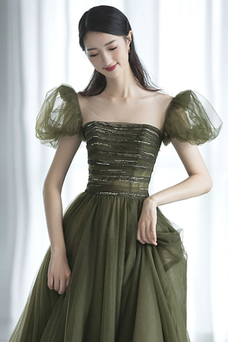 Robe de bal longue en tulle vert, robe de soirée verte Y623