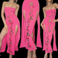 Vestido de fiesta rosa sin tirantes, sexy, con abertura, estilo tubo, para baile de graduación o noche formal Y8473