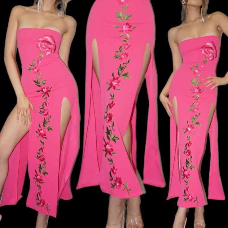 Vestido de fiesta rosa sin tirantes, sexy, con abertura, estilo tubo, para baile de graduación o noche formal Y8473