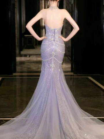 Precioso vestido de novia/fiesta de sirena con cuentas de tul lila Y8057