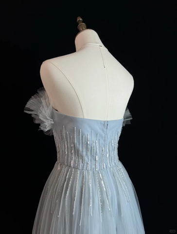 Elegant Blue Tulle Sequins Beaded ALine Prom Dress Evening Dress Y8646