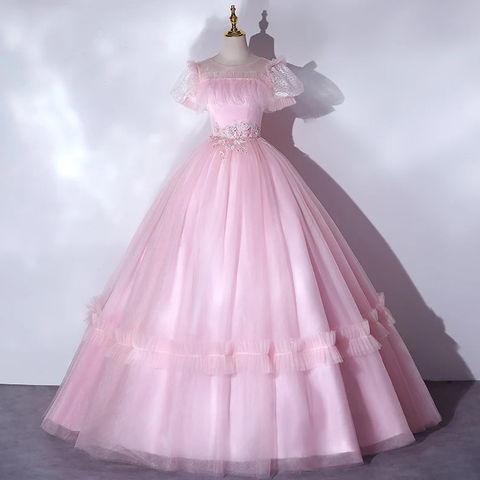 Magnifique robe de quinceañera rose, manches bouffantes luxueuses, robe de soirée plissée classique, fermeture éclair au dos, robe de bal Y2588