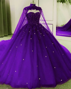 Vestido de baile de tul y encaje con escote corazón y capa, estilo princesa Y742