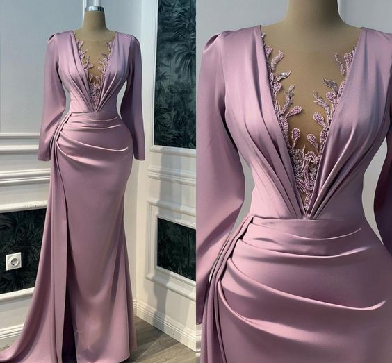 Vestido de fiesta vintage morado, manga larga, escote ilusión en V, corte sirena, largo hasta el suelo Y6647