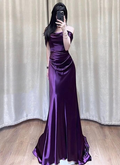 Robe de soirée longue violette en satin à épaules dénudées Y7372