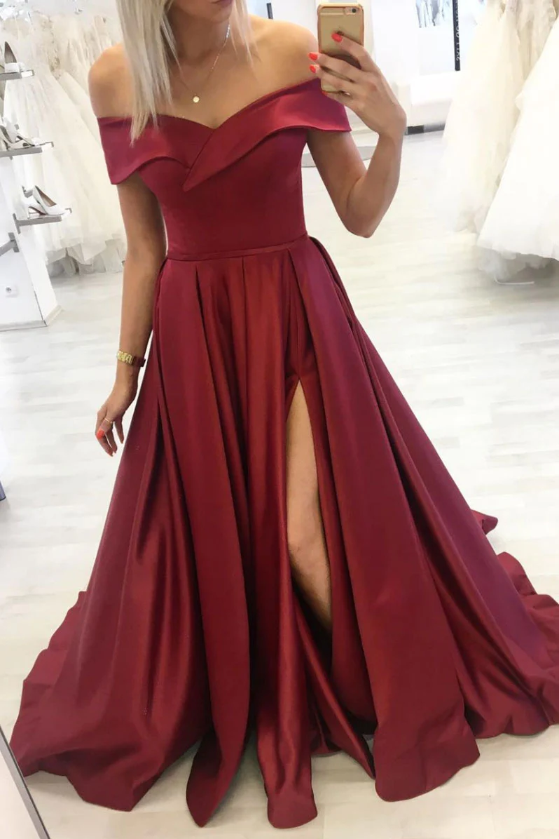 Robe de bal longue bordeaux simple à épaules dénudées, robe de soirée bordeaux Y253