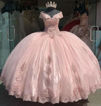 Robe de bal rose poudré à épaules dénudées en tulle et dentelle, ornée d'appliqués, idéale pour une quinceañera (Y7728).