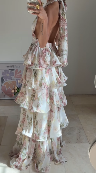 Vestido de fiesta glamuroso de gasa con estampado floral, corte en A, espalda descubierta, escote en V, cuello halter y capas, modelo Y8501