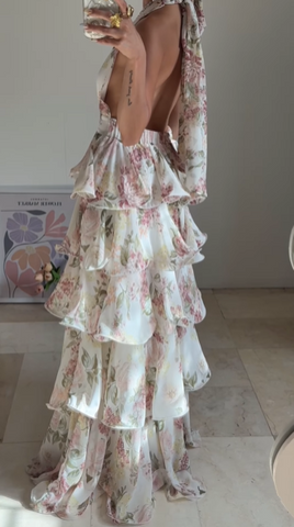 Glamorous Chiffon Print Floral A Line Backless Prom Dress V Neck Halter Layered Evening Dress Y8501