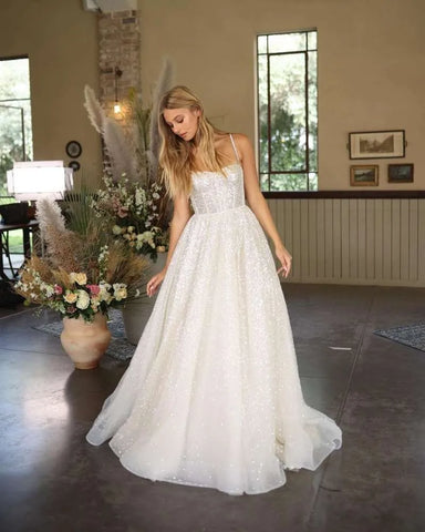 Vestidos de novia brillantes estilo boho, escote corazón, lentejuelas, tirantes finos, corte princesa, vestido de novia suknia slubna 