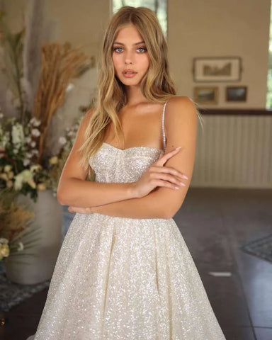 Vestidos de novia brillantes estilo boho, escote corazón, lentejuelas, tirantes finos, corte princesa, vestido de novia suknia slubna 