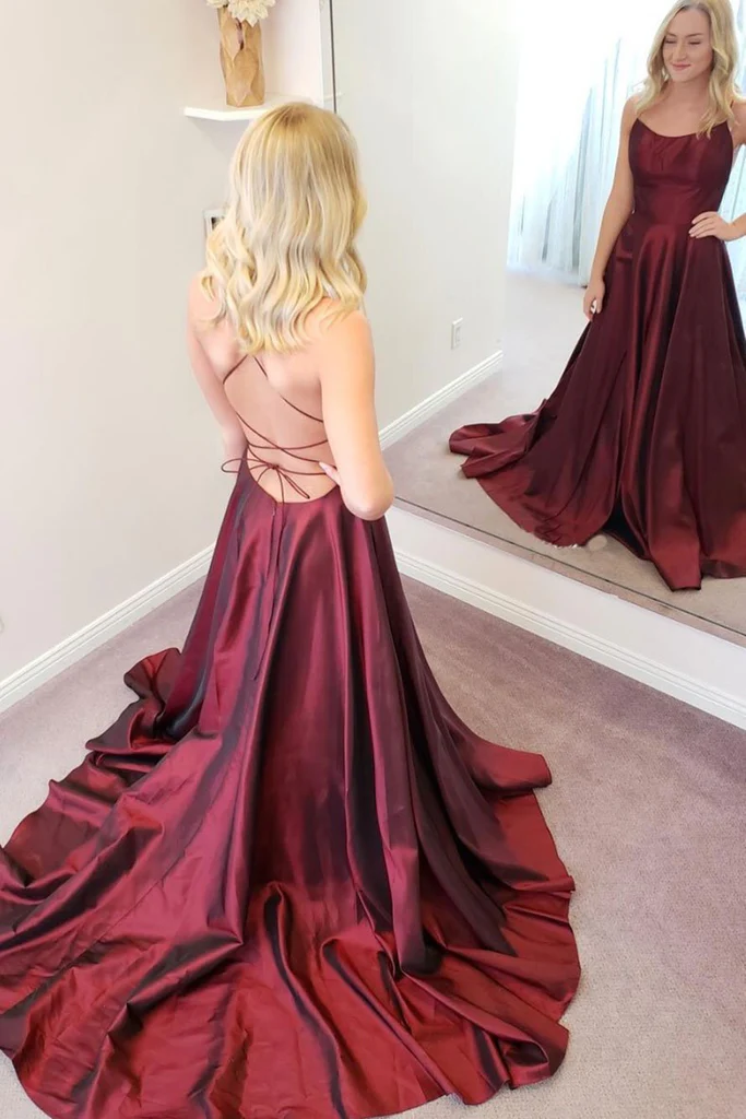 Vestido largo de fiesta sencillo, corte en A, espalda descubierta, tirantes finos, satén burdeos; vestido de noche formal burdeos sin espalda Y224