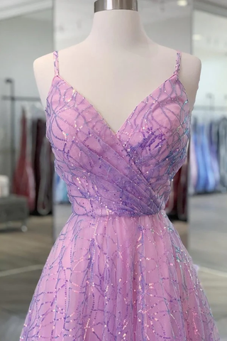 Robe de bal longue violette brillante à col en V et dos nu, robe de soirée de remise de diplôme violette sans dos Y917