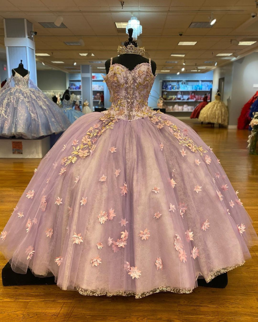 Robe de bal de quinceañera à fines bretelles, ornée de fleurs 3D et d'une courte traîne, doublure en dentelle Y1247