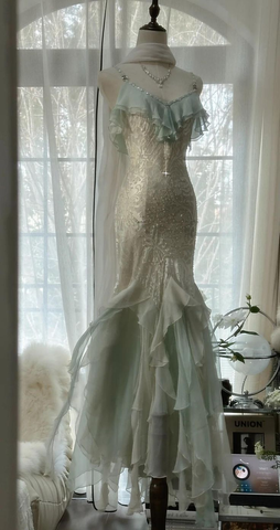 Classy Mint Green Temperament Mermaid Spaghetti Strap Chiffon Beaded Evening Dress Formal Prom Dress Y8546