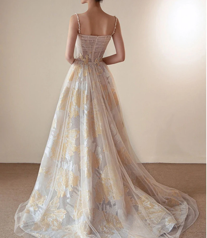 Vestido de fiesta de tul con flores bordadas, corte en A, impresionante vestido de noche Y287