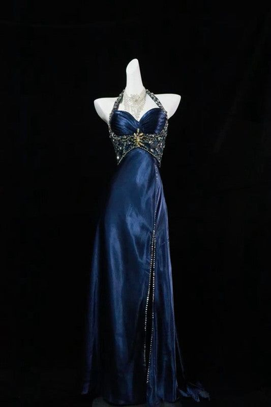 Robe de soirée bleu marine de luxe avec fente et perles, robe de bal formelle Y7723