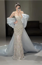 Sparkly Satin Beaded Mermaid Evening Dress Long Prom Dress With Bow Y8330
