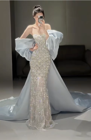 Sparkly Satin Beaded Mermaid Evening Dress Long Prom Dress With Bow Y8330