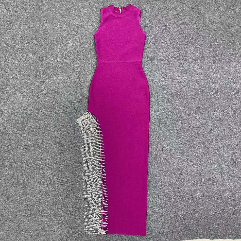 Robe bandage longue élégante à franges et fente brillante pour femme Y407