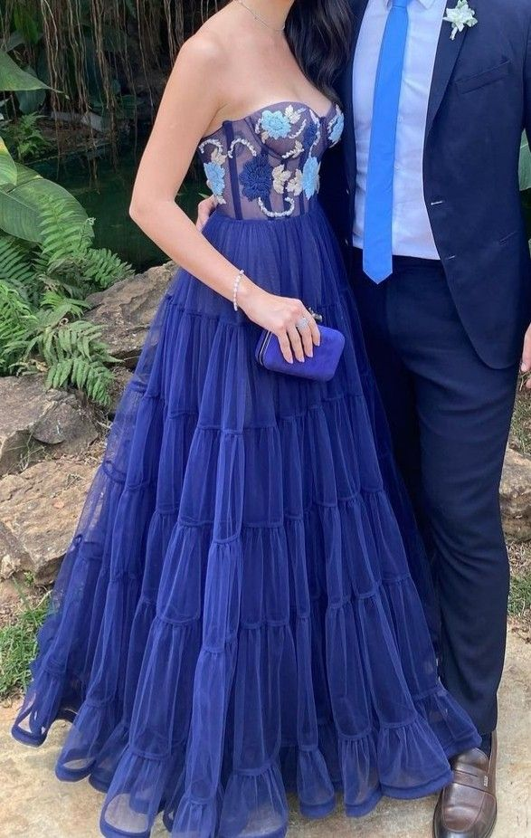 Vestidos largos de fiesta azul marino de corte A, populares vestidos de noche de tul con escote corazón Y5378
