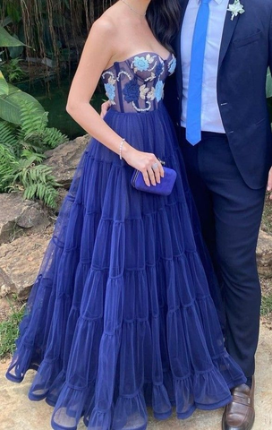 Robe de bal longue bleu marine coupe trapèze, robe de soirée en tulle à décolleté cœur très prisée Y5378