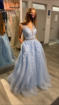 Robe de bal longue bleu clair à col en V et coupe trapèze, nouveauté Y6464