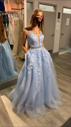 Robe de bal longue bleu clair à col en V et coupe trapèze, nouveauté Y6464