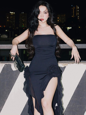 Tunique à volants pour femme, manches longues, robe de soirée élégante et sexy mi-longue Y1896