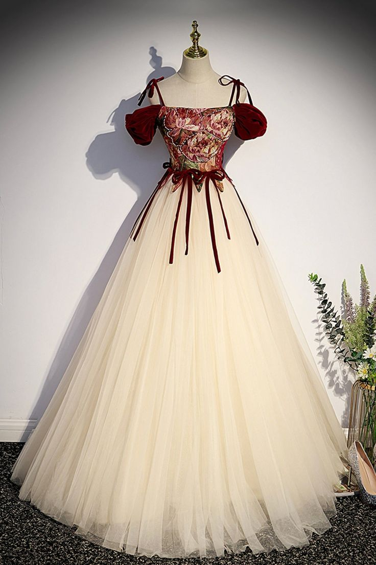 Vestido largo de fiesta de corte A, estilo gala, con tirantes finos y tul color champán Y7952