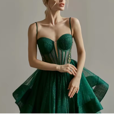 Sparkly Evening Dress Green Corset A-line Evening Gown Y6339