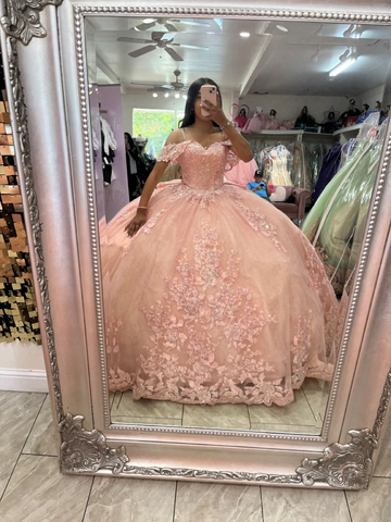 Vestido de baile rosa con hombros descubiertos y apliques de tul, vestido rosa para quinceañera Y6091