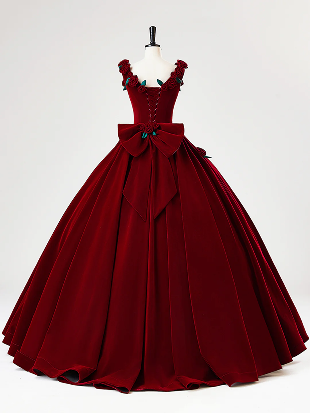Precioso vestido de quinceañera de terciopelo burdeos, vestido de baile de cumpleaños con flores de rosas Y7750