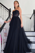 Vestido largo de fiesta de tul y encaje negro sin tirantes, vestido formal de encaje negro, vestido de noche negro Y205