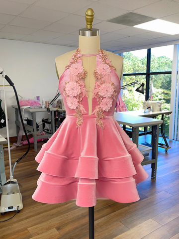 Robe de soirée rose trapèze mignonne, col halter, Y2153
