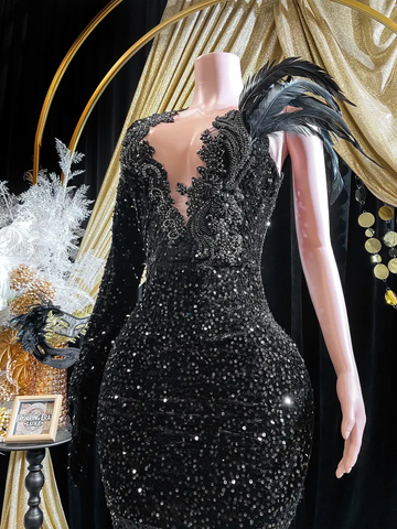 Black Sequins Rhinestone Applique Long Sleeve Mermaid Prom Dress Evening Dress Y8313