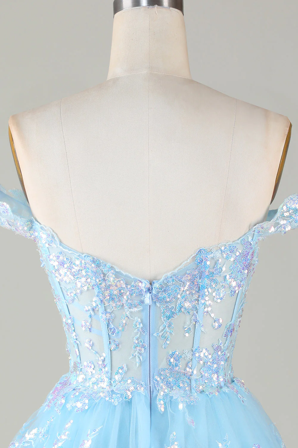Vestido corto de fiesta de bienvenida con corsé azul brillante, encaje escalonado y corte en A Y4083