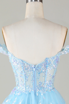 Vestido corto de fiesta de bienvenida con corsé azul brillante, encaje escalonado y corte en A Y4083