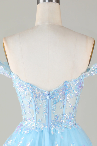 Robe de bal courte bleu pailleté à corset et dentelle à volants Y4083