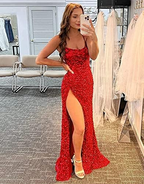 Vestido de fiesta con lentejuelas brillantes, vestido formal con abertura alta, vestido de noche azul real Y75
