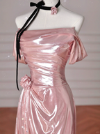 Magnifique robe de bal longue sirène en satin rose à épaules dénudées Y8630