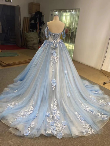 Vestido de baile azul de tul y encaje con hombros descubiertos, vestido para quinceañera Y6855