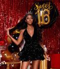 Vestido corto negro brillante y sexy para fiestas de graduación, con espalda descubierta y lentejuelas escalonadas, ideal para fiestas nocturnas Y4111