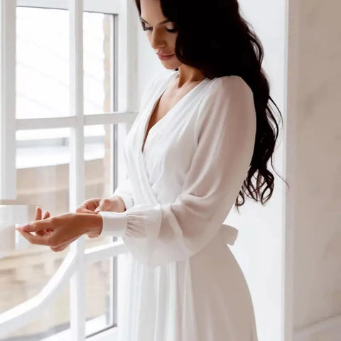 A Line Chiffon Wedding Dresses White Dresses Womens vestidos boda playa vestidos de boda Elopment Full Sleeve Simple