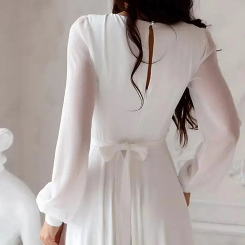 A Line Chiffon Wedding Dresses White Dresses Womens vestidos boda playa vestidos de boda Elopment Full Sleeve Simple