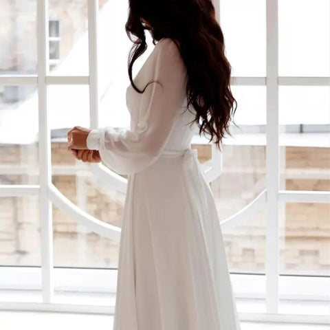 A Line Chiffon Wedding Dresses White Dresses Womens vestidos boda playa vestidos de boda Elopment Full Sleeve Simple