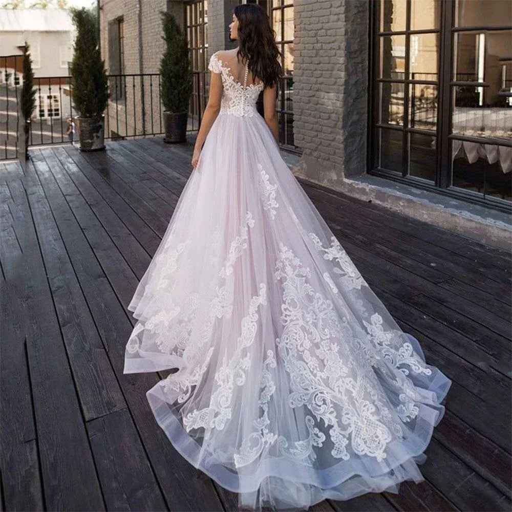 Lace Appliques Princess Bohomian Beach Wedding Dress Vestido De Noiva Cap Sleeve V-Neck Vestidos De Novia