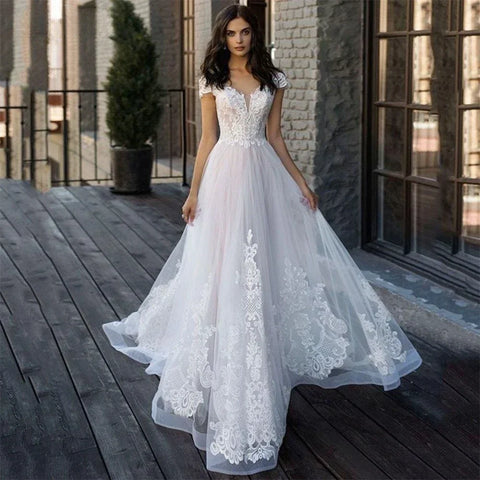 Apliques De encaje princesa Bohomian Vestido De Novia De playa Vestido De Noiva manga casquillo con cuello en V Vestidos De Novia