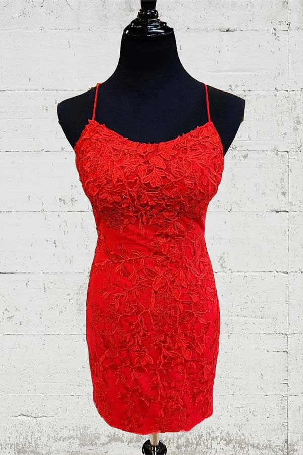 Robe de soirée courte moulante à bretelles spaghetti et dos nu en dentelle, robe courte de bal