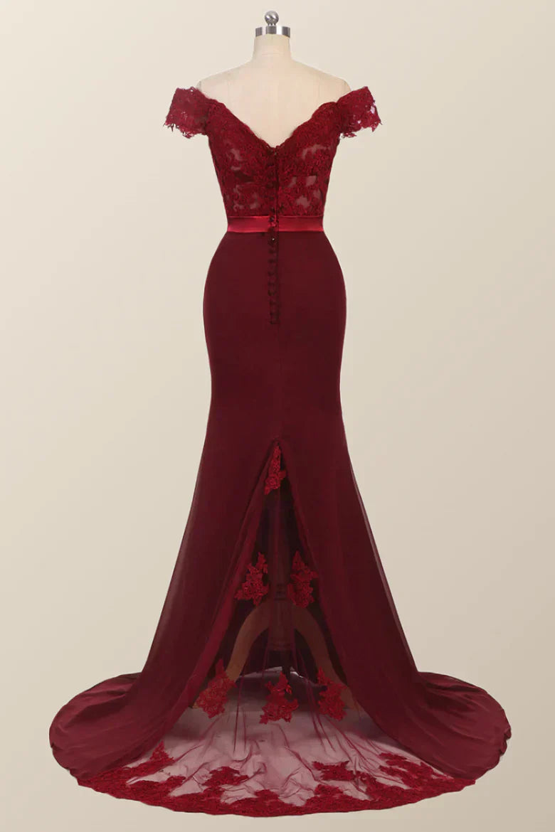 Robe de demoiselle d'honneur bordeaux en dentelle, robe de bal sirène à épaules dénudées 